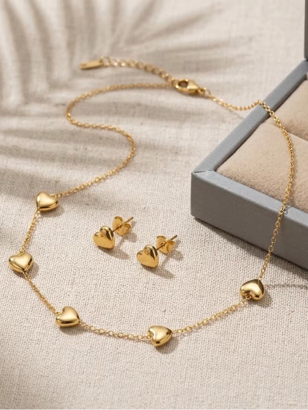 Gold Heart Necklace and Stud Earring Set - Women Jewelry